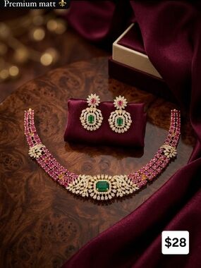 Elegant Women's Ruby & Emerald Necklace Set with Gold-tone Accents